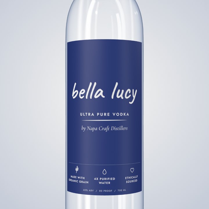 Bella Lucy front label: made with organic grain, 4x purified water, ethically sourced